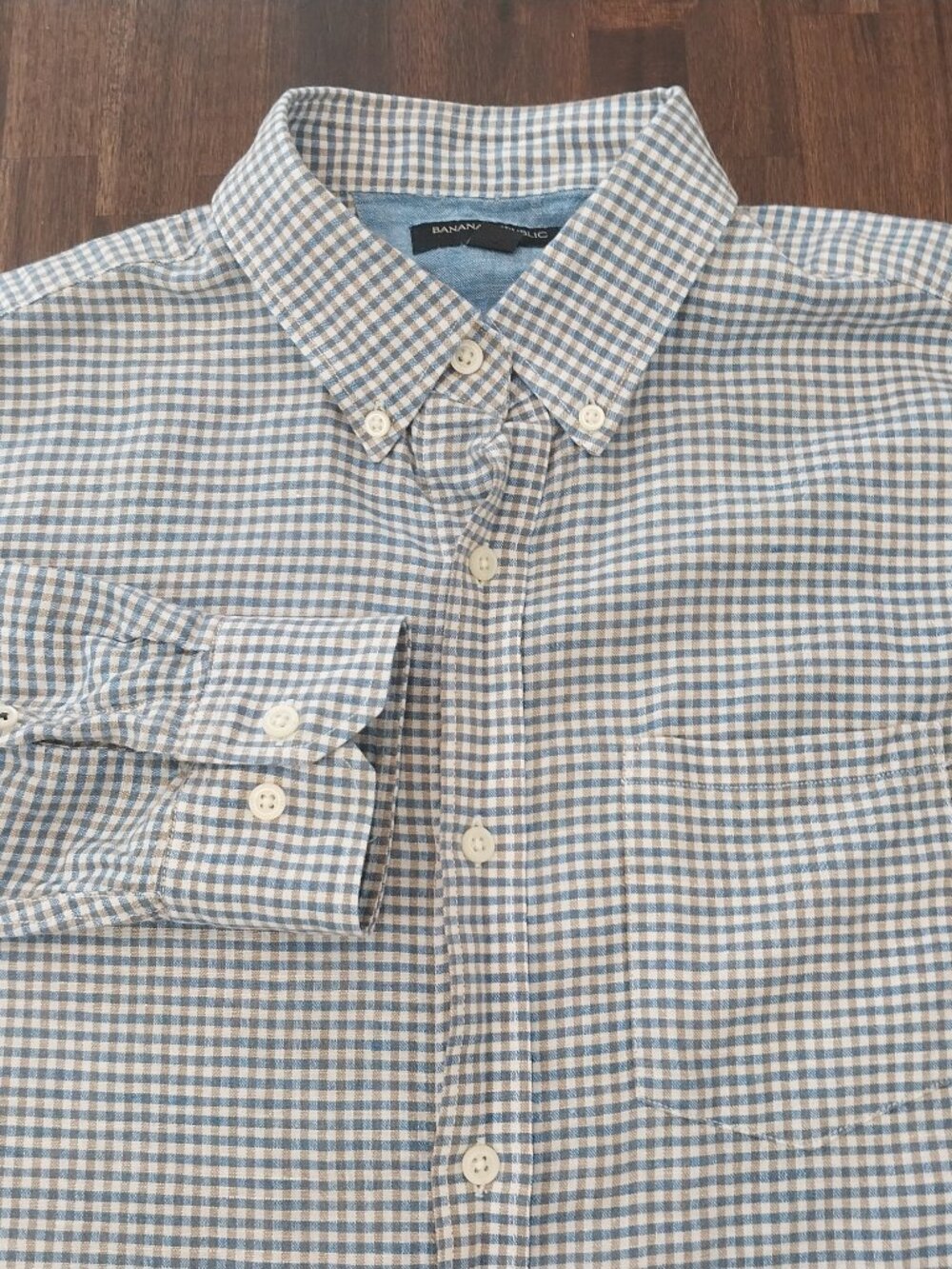Banana Republic Slim Fit Button Down Shirt Mens M Linen Cotton Blend Blue Check.